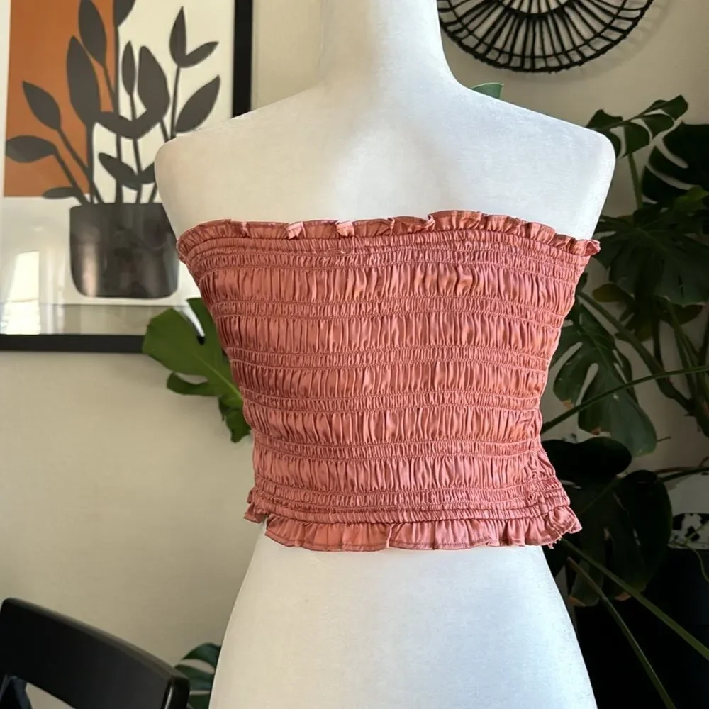 NWOT Free People Be Right Back Tube Smocked Ruffled Rose Gold Strapless Shiny